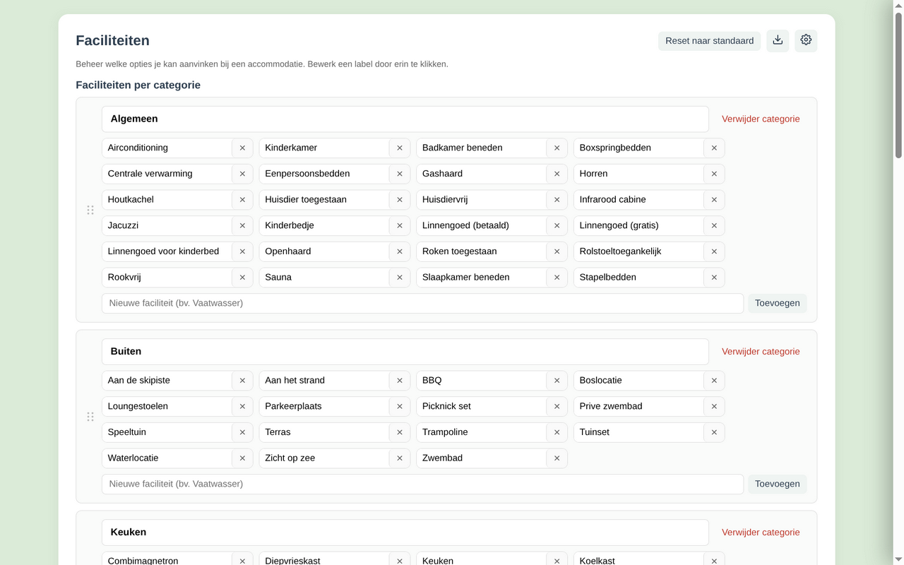 Faciliteiten per categorie beheren in de tool