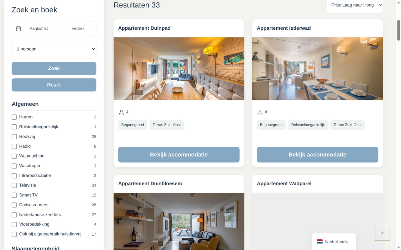 Voorbeeld van een Zoek & Boek-pagina met filters en accommodatiekaarten